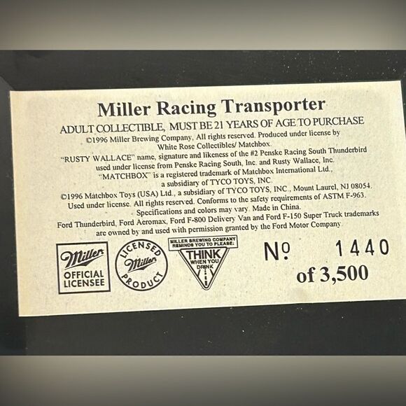 Matchbox Rusty Wallace Miller Racing Penske Tractor Trailer White Rose New - Picture 7 of 7